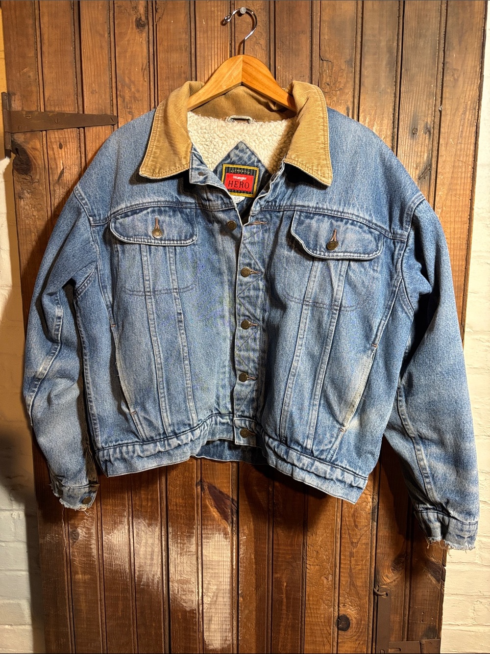 Vintage Wrangler Blue Sherpa-Lined Denim Jacket with Corduroy Collar